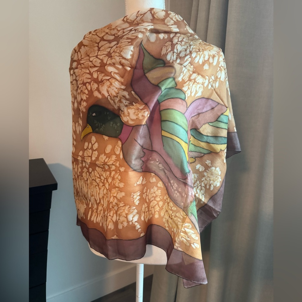 Scarf with Duck perhaps Silkscreen Marked Cis 36” Square Muted Shades of Brown